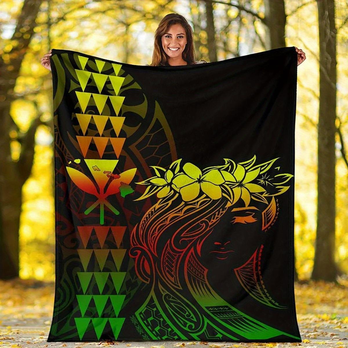 Vibrant Polynesian Hawaiian Tribal Flannel Blanket - Tropical Leaves Hibiscus, All-Season Cozy Throw for Home or Travel 75X95CM