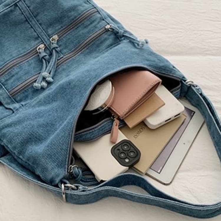 Vintage gewaschene Denim-Tragetasche Schulter-Umhängetasche Damen-Tasche