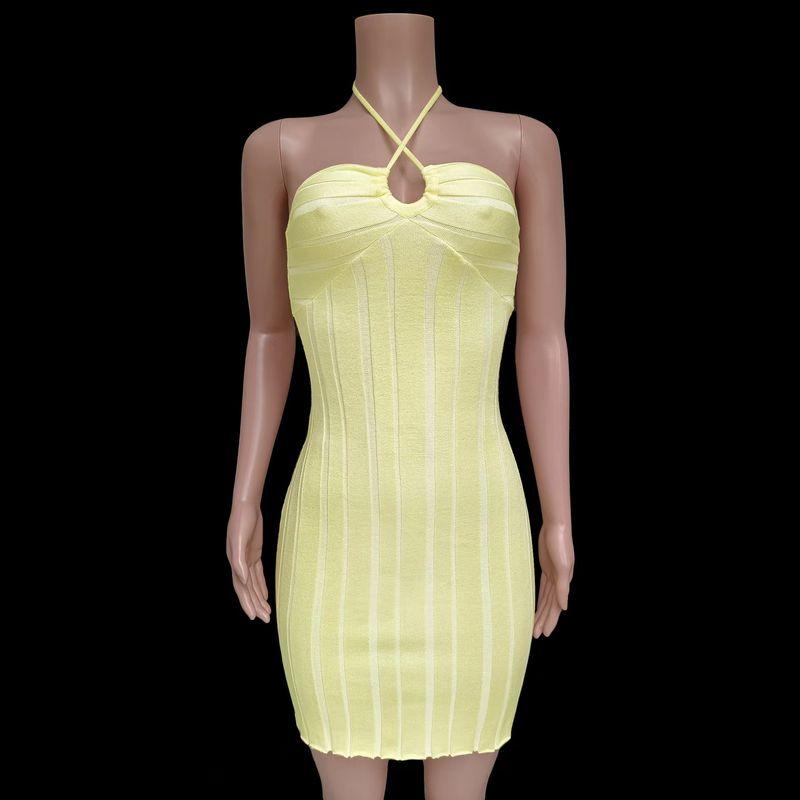

New New Arrival Halterneck Bandage Knitting Tube Top Vacation Beach Dress Wrap Chest Knit Dress Yellow S