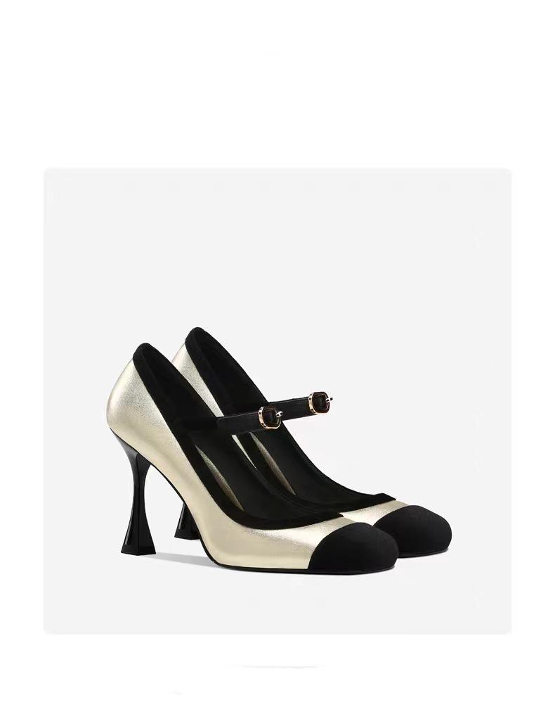 Mary Jane female 2025 spring and autumn new square head word with splicing thin heel small fragrant wind shallow mouth high heels single shoes