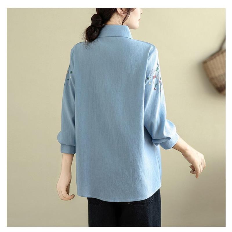 Spring and Autumn Literary Embroidery Versatile Denim Shirt Loose POLO Collar Long Sleeve Shirt Women's Top