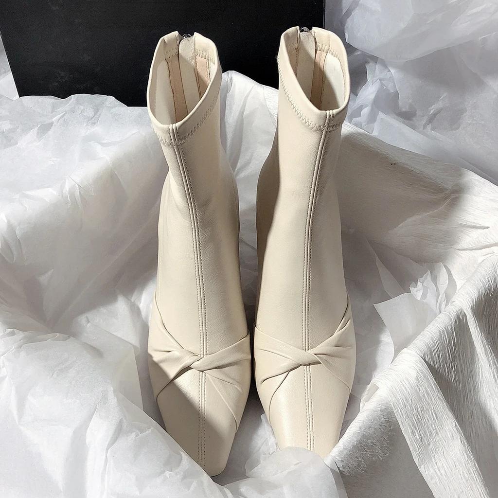 Women Boots 2024 Winter Super High Heels Dress Shoes Bow Pointed Toe Retro Ankle Boots Chunky Heels Elastic Short Botas De Mujer