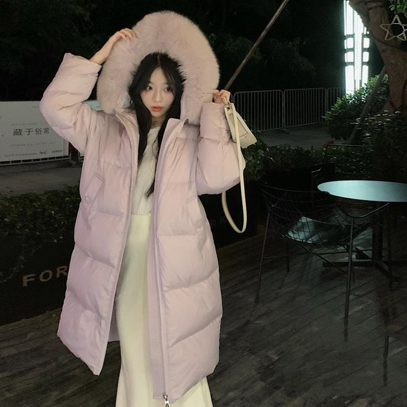 Fox fur collar long down jacket women's winter sweet big buckle pockets thickened over the knee white duck down jacket tide