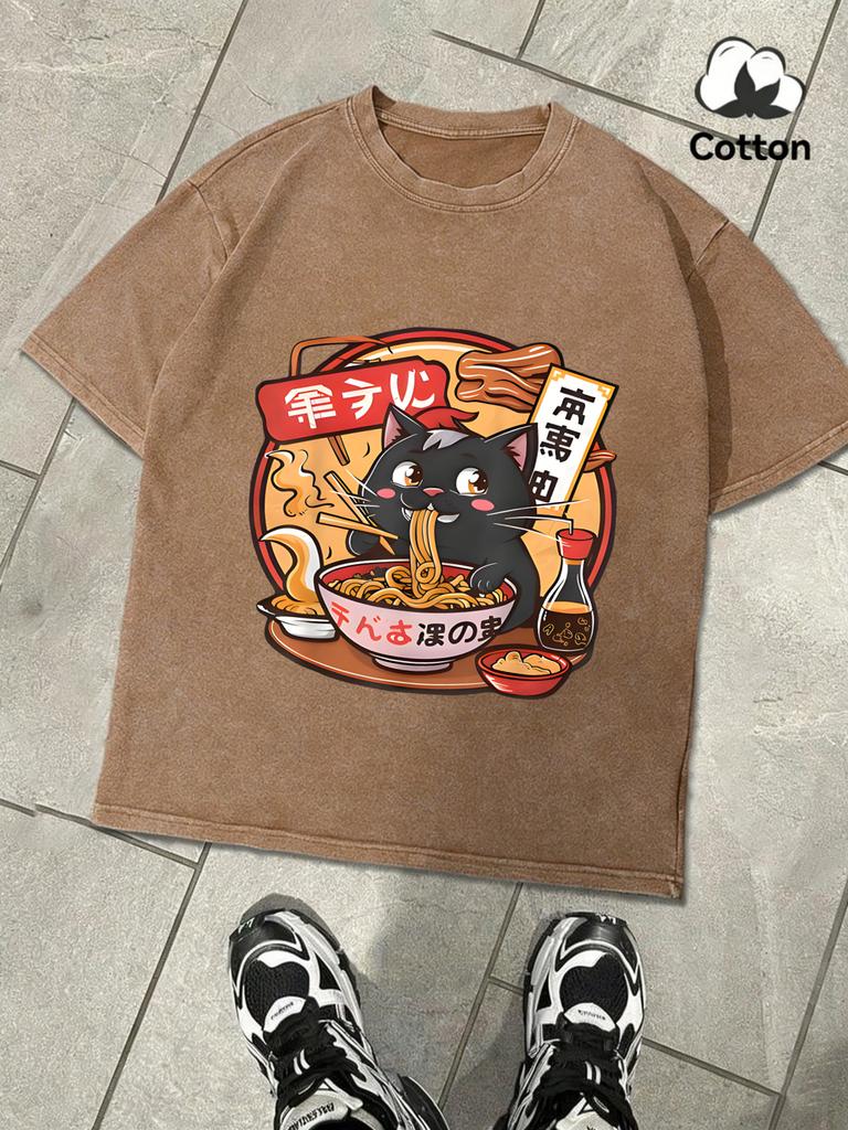 Cat Enjoying Delicious Lamian Noodles Retro Men TShirt Trendy ONeck Tee Fashion Clothing Unisex Cotton Loose Short Sleeve
