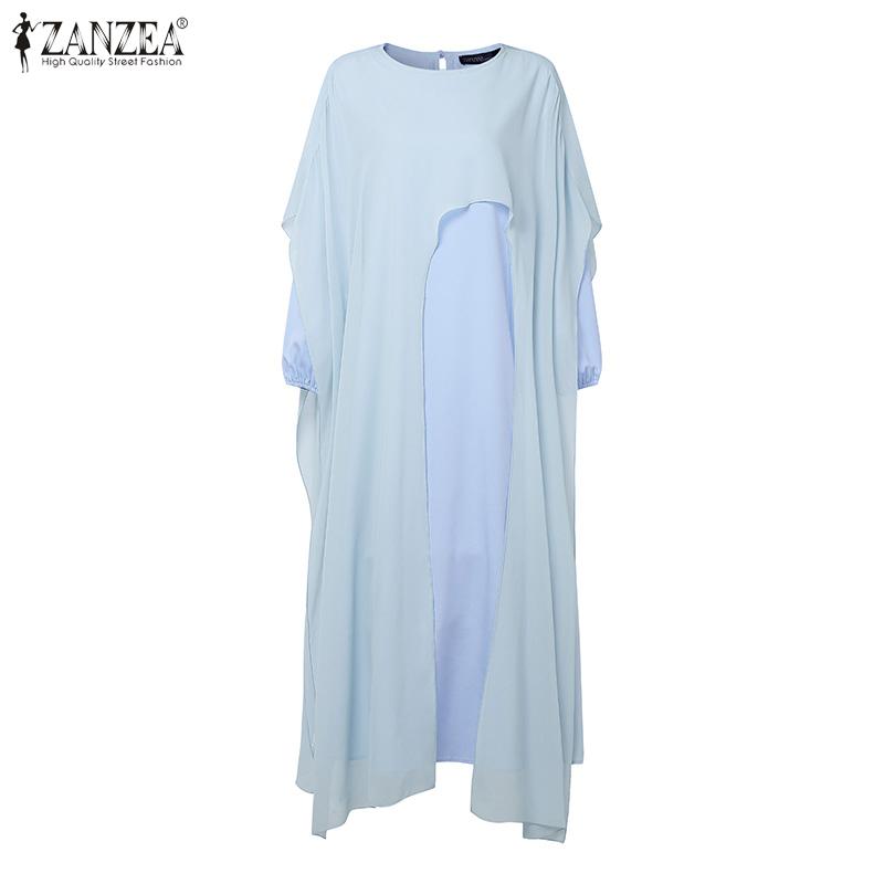 ZANZEA Kvinner Casual Falsk Todelt Chiffon Patchwork Langermet Lang Kjole