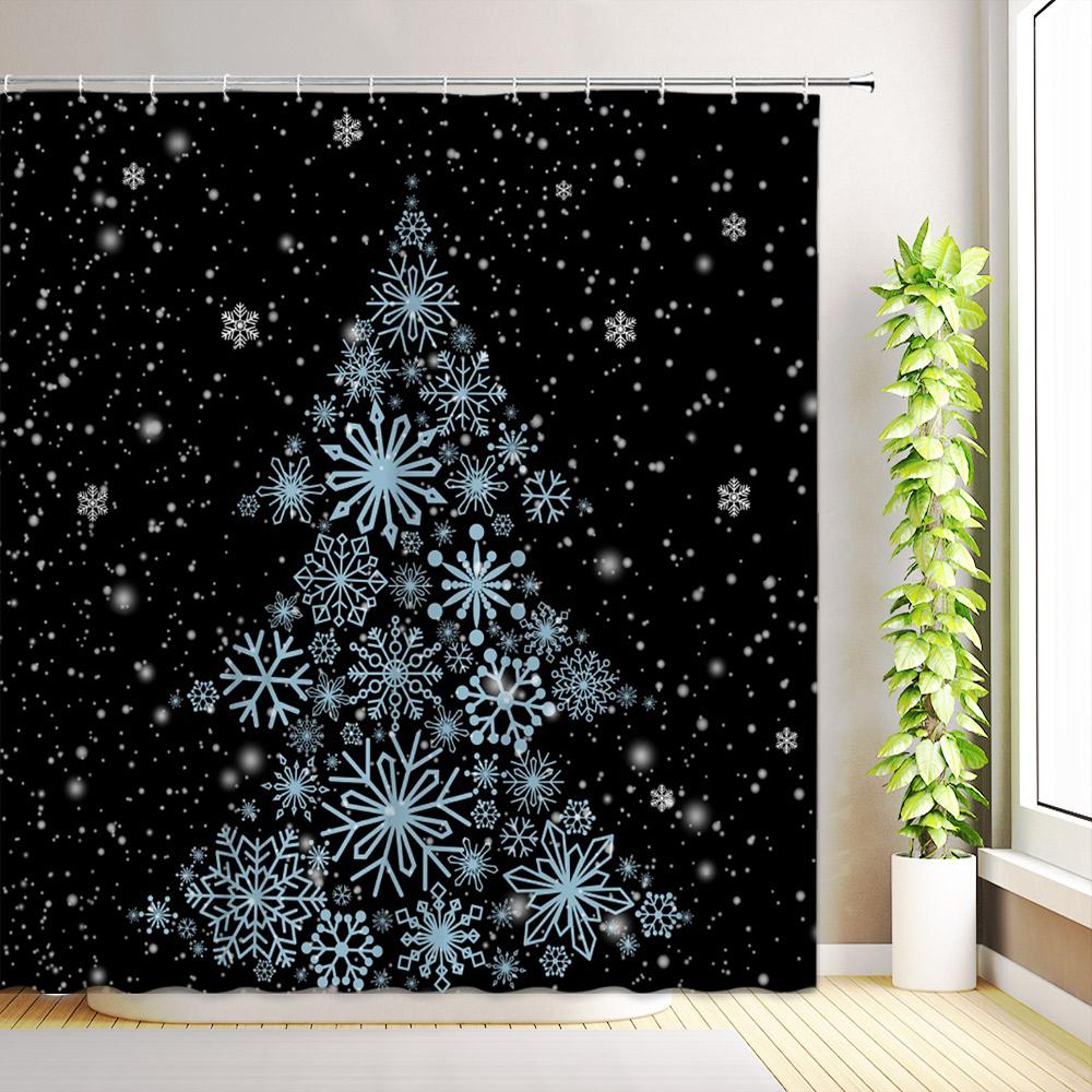 Christmas Shower Curtain Buffalo Plaid Xmas Tree Winter Snowflake Reindeer Nature Forest Cedar New Year Bathroom Decor with Hook