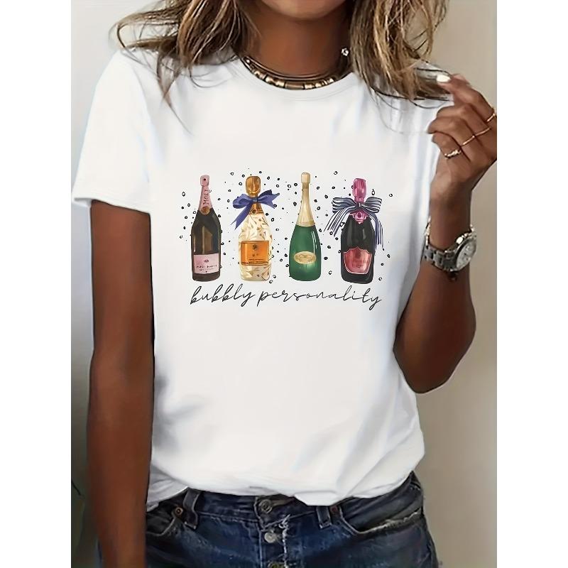 Damenmode Cartoon Champagner Druck Design Buchstabenmuster Heißprägung Rundhals Kurzarm T-Shirt Hemd, Lustiges Kurzarmhemd