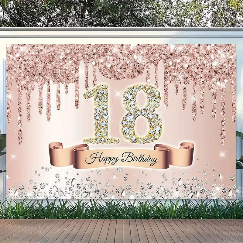 2D Flat Rose Gold Glitter & Diamond 18th Birthday Photo Booth Background