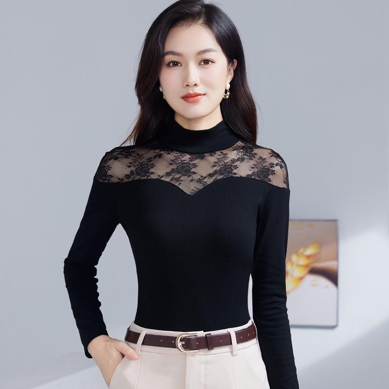 Damen Vielseitiges Spitzen-Patchwork Stretch-Baumwoll Langarm-Top