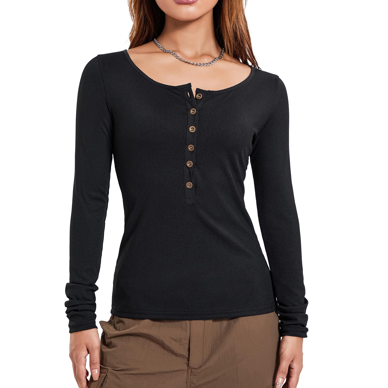 

Женская футболка с длинным рукавом и круглым вырезом на пуговицах, однотонная, облегающая, женские топы на каждый день L чёрный