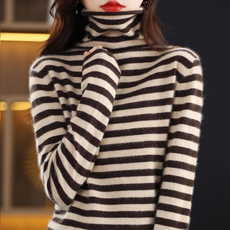 

Women s 2024 Autumn/Winter Korean Stripe Knit Sweater with Loose Pile Collar One Size