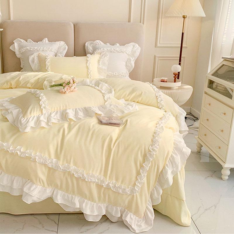 Korean Princess Lolita Bed 4-Piece Set Solid Washed Cotton Breathable Bed Sheet Duvet Cover Bedding Set with Lace