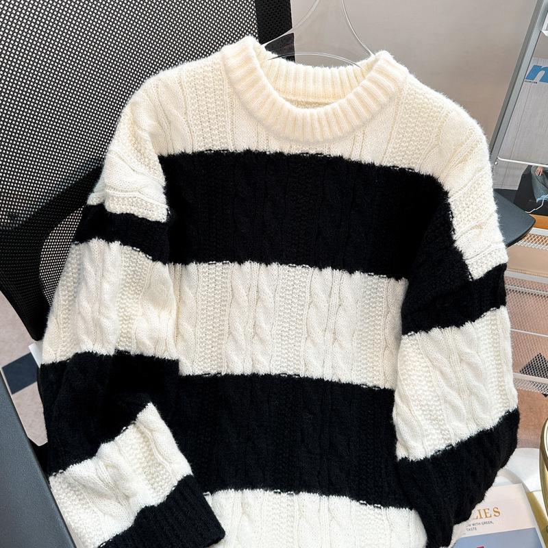 Pánský volný ležérní pruhovaný pletený svetr - Japonský trendy TikTok styl pro středoškoláky