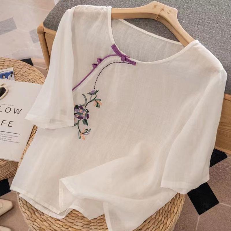 

Летняя женская вышитая блузка в стиле ретро из хлопка и льна с косой застежкой и пуговицами-лягушками XXL (130-145jin)