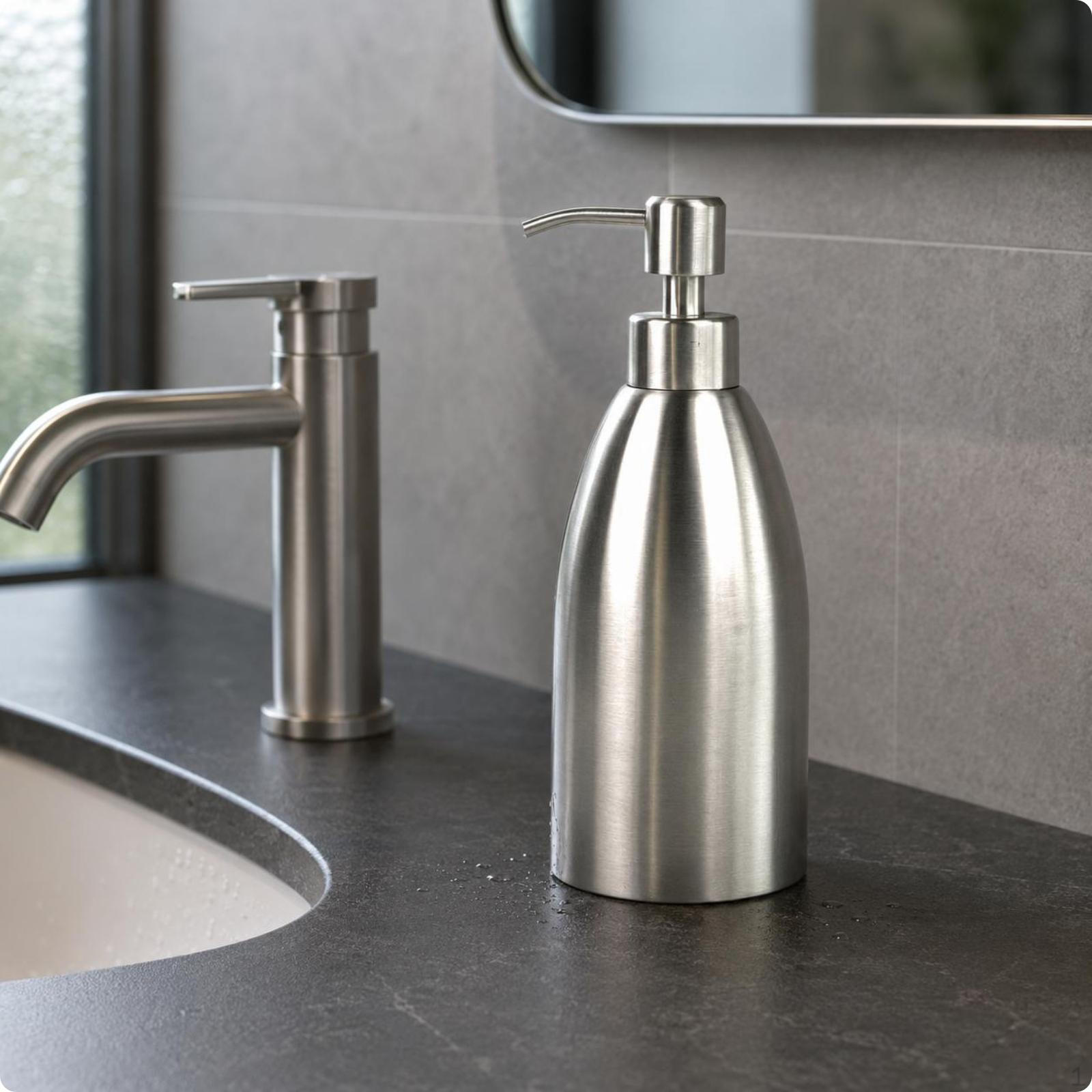 Stainless Steel Lotion Bottle Brushed Silver Metal Pump Curved Spout Soap
