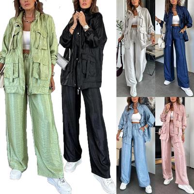 Set due pezzi alla moda da donna europeo e americano: Pantaloni a gamba dritta e giacca a maniche lunghe con tasche 3D 3035.