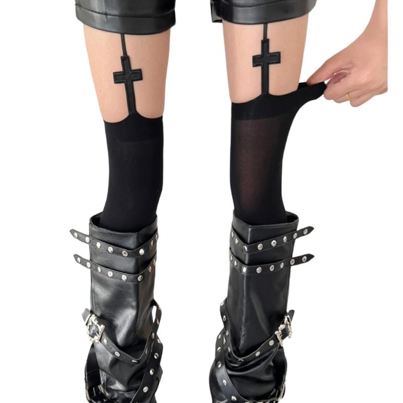 Gothic Crosses Suspender Tights Thigh High Stockings For Women Dark Aesthetic Garter Belt Pantyhose Legwear Party Wear