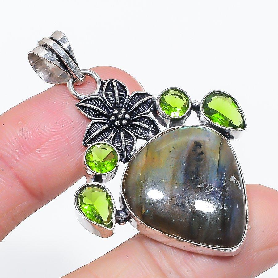 Natural Labradorite, Peridot 925 Sterling Silver Jewelry Pendant 2.09" z1h07