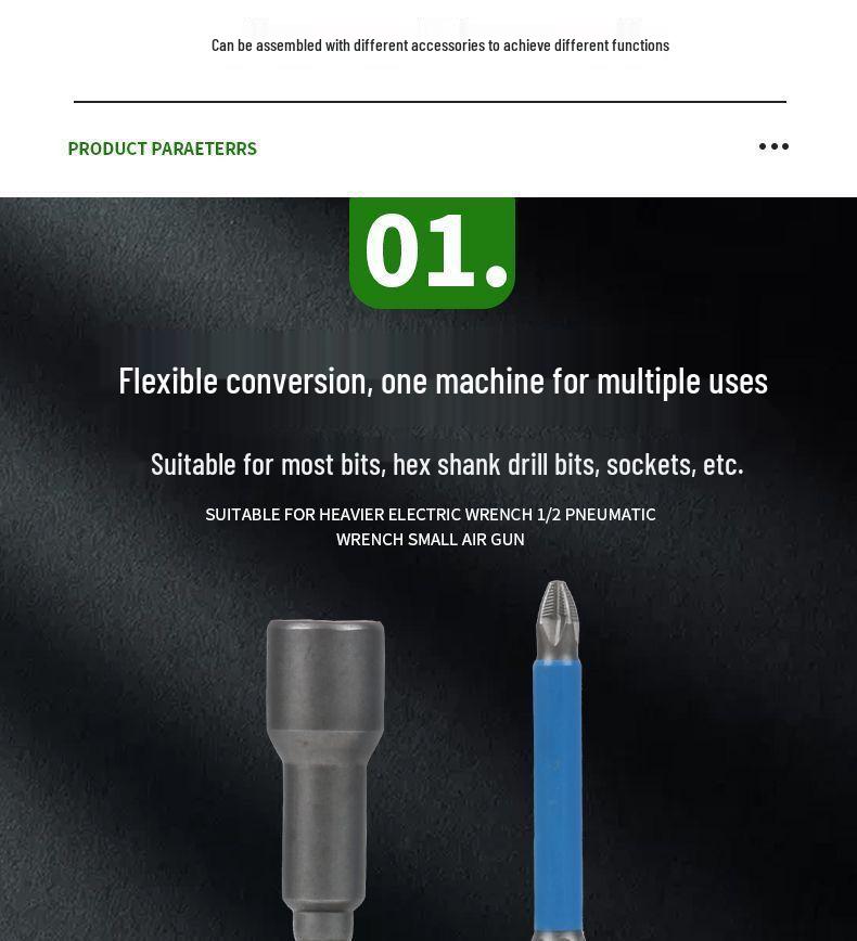 Telescopic Electric Wrench Adapter with Magnetic Hex and Double Phillips/Slotted Bits