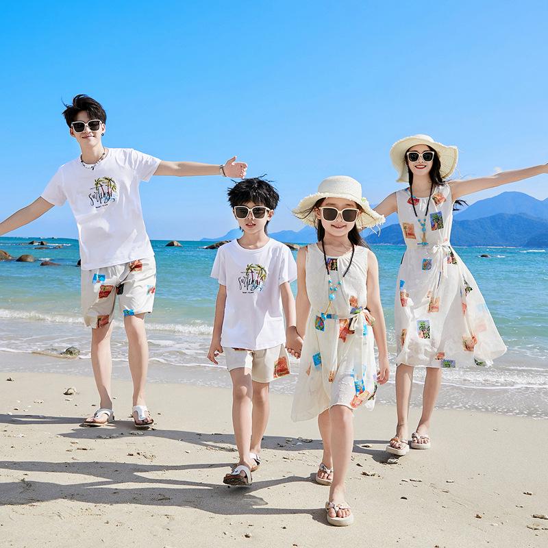 Chiffon Beach Outfits: Stylish Mother-Daughter Dresses for Family of Three or Four