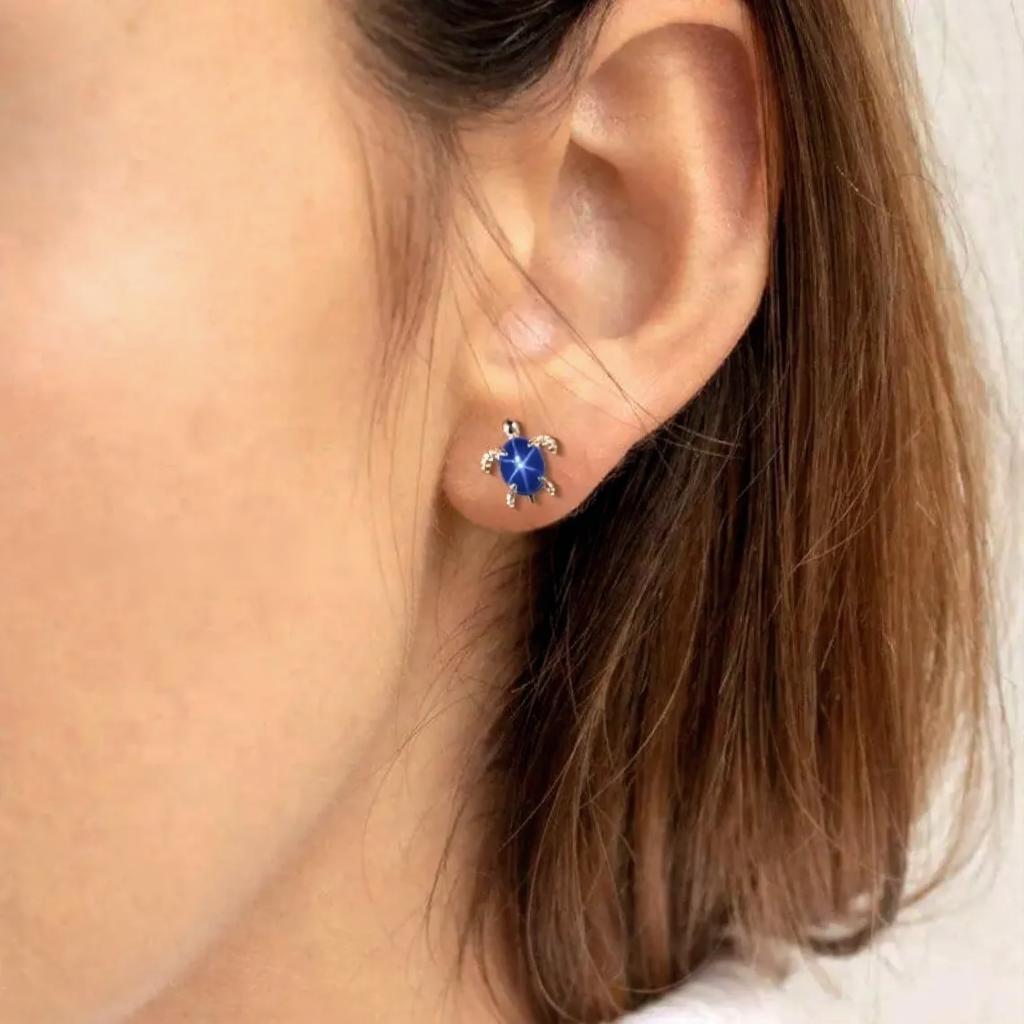 Milgrain Oval Cut Blue Star Sapphire Stud Earrings Vintage Blue Sapphire Halo Turtle Earrings Art Deco September Birthstone Pierced Earrings Women