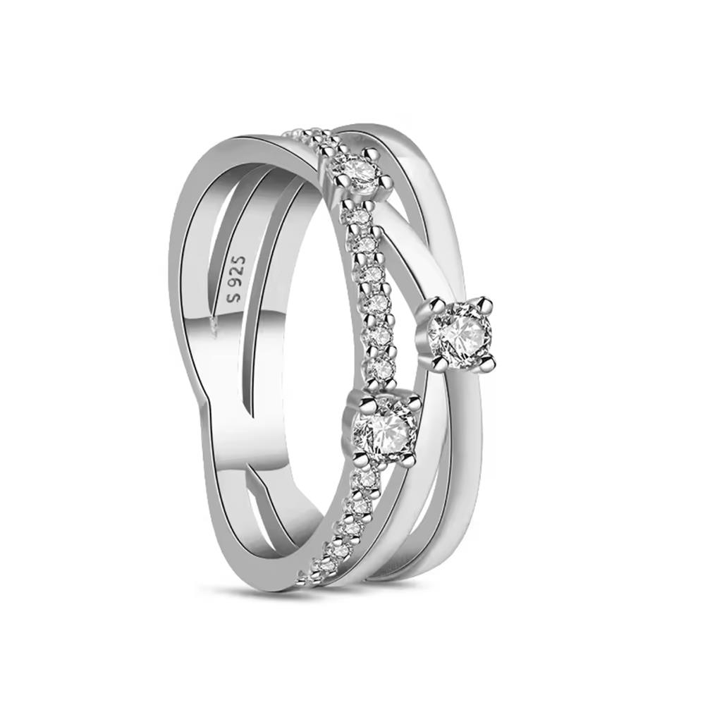 New 925 Silver Double Layer Zircon Crystal Band Ring Charm Stackable Jewelry Wedding Engagement Party Gift