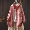 Johnature Femmes Chemises Vintage Tops Col Rabattu Patchwork Poches Blouses Automne Chemises Couleur Unie