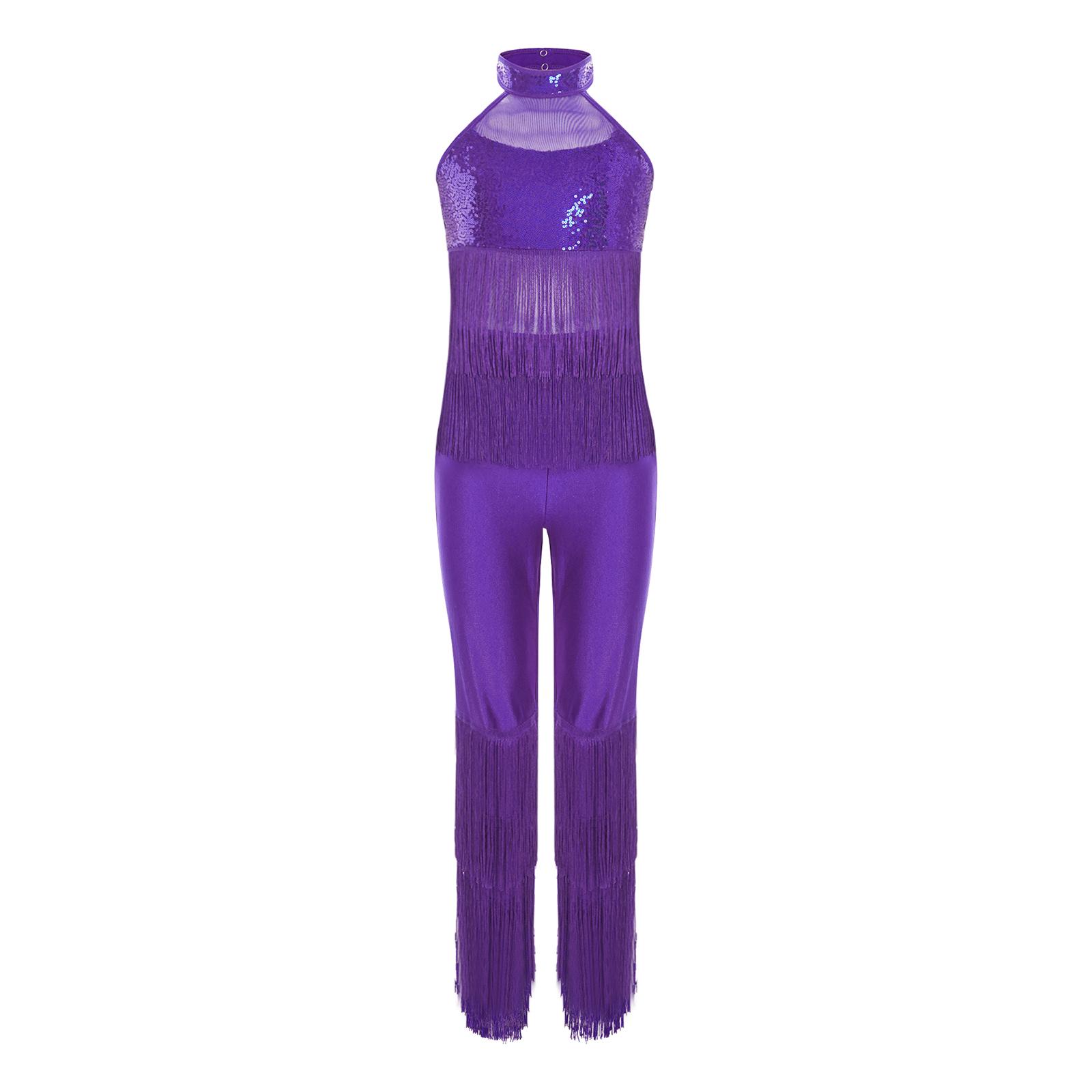 

Дівчачий ярусний комбінезон з китицями, блискучими паєтками, халтер, без рукавів, з відкритою спиною, з прозорої сітки, печворк, з бахромою для танцювальних вечірок 5-6 Years фіолетовий