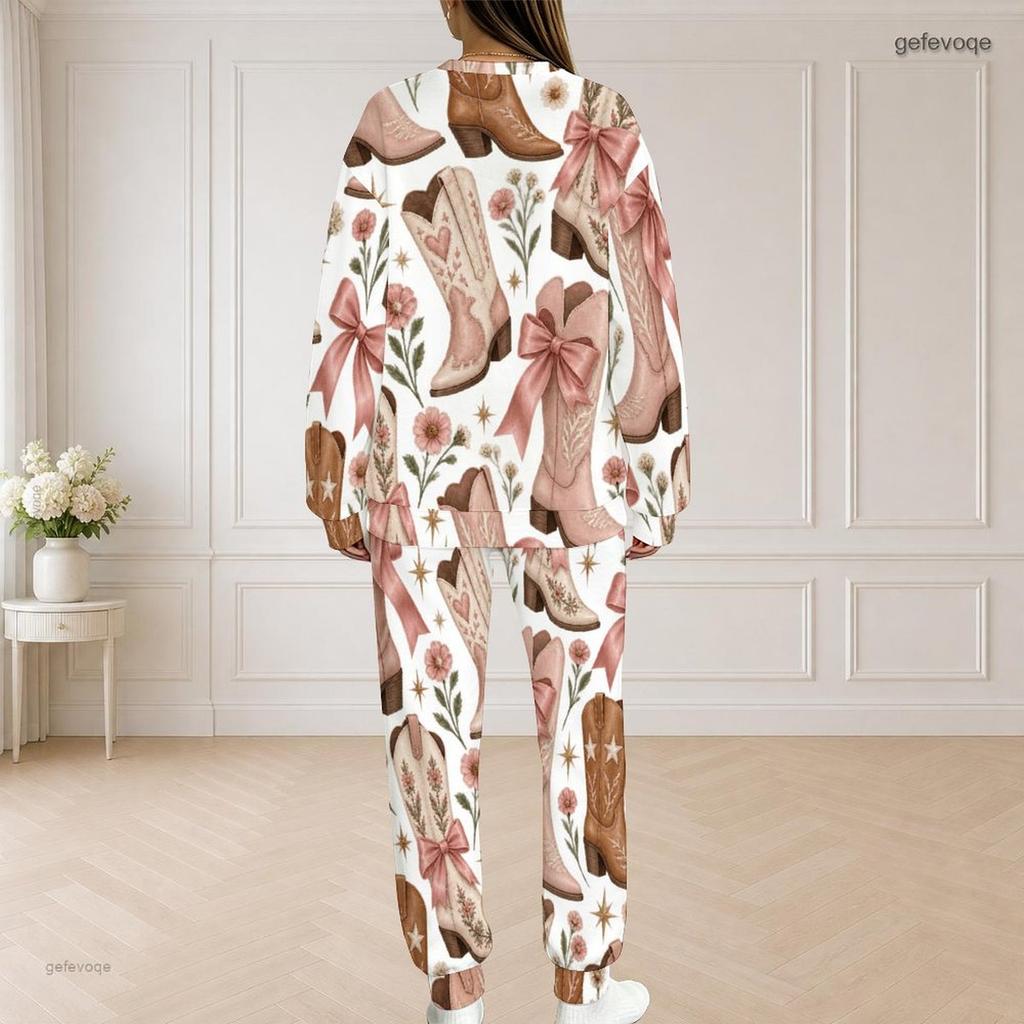 Women Plus Size Printed Round Neck Long Sleeve Top With Pockets And Long Pants Set