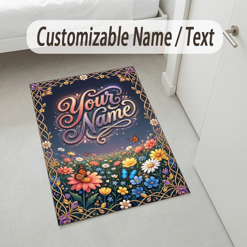 Floral Garden Theme Crystal Velvet Rug Personalized Custom Name Text Soft Floor Mat Home Decor