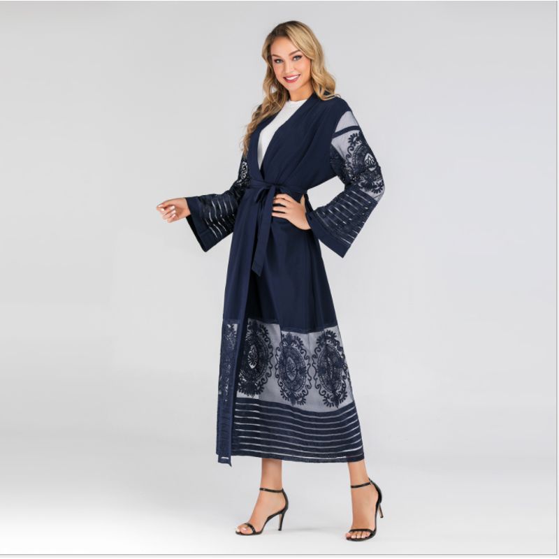 Fashion Women's Embroidered Mesh Cardigan Dubai Robe Dress