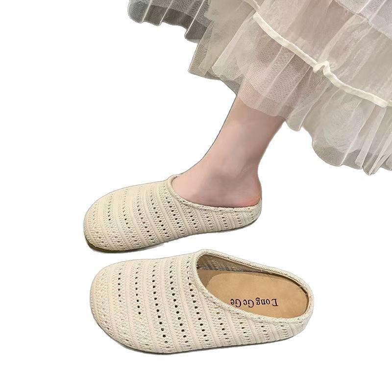Spring New Hollow Woven Bag Head Half Slippers Women's Wear Versatile Casual Flat Women's Shoes Drag