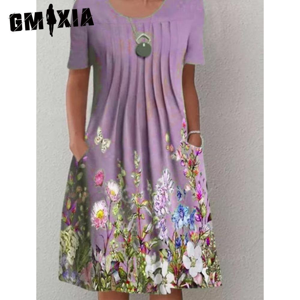GMXIA 30 Color Pleated Midi Dress Short Sleeve Round Neck Loose Hem Mid-Calf Length Women Floral A-Line Party Dress Casual Wear