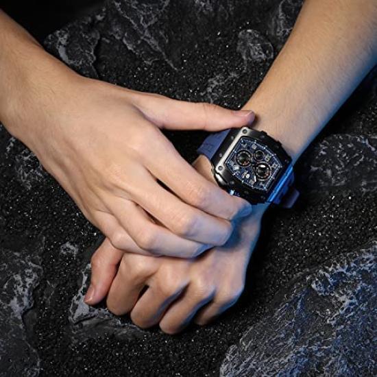 TSAR BOMBA Water Resistant To 5 Luxurious Tonneau Stainless Watch In Black and Blue Men's Wristwatch, ATM, Shape, Steel, Business, Sports, Luxury,