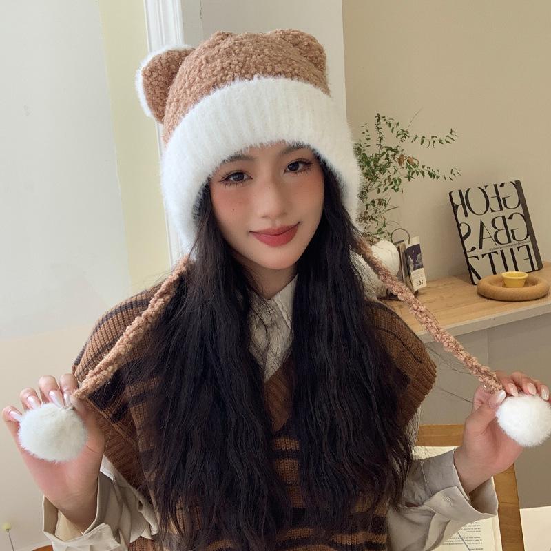 

Корейская версия новой осенне-зимней шапки для женщин, милая двухцветная плюшевая шапка с защитой ушей в виде медвежьих ушек для зимы, теплая вязаная шерстяная шапка, толстая One Size