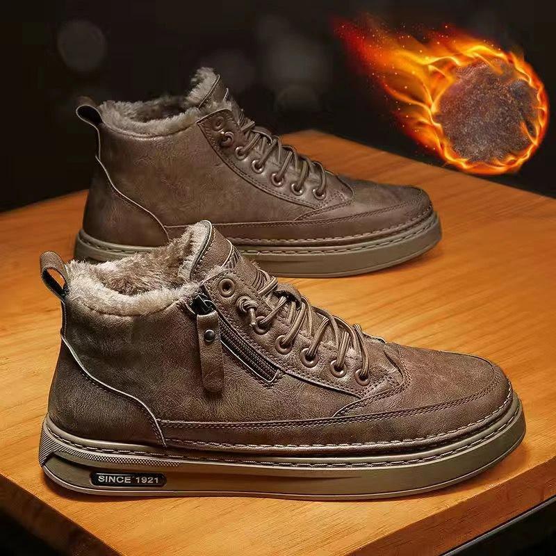 Fashion Men Leather Casual Shoes 2024 Spring High Top Platform Leather Boots Short Lace Up Fur Warm Ankle Boots Men Tooling Shoes Botas
