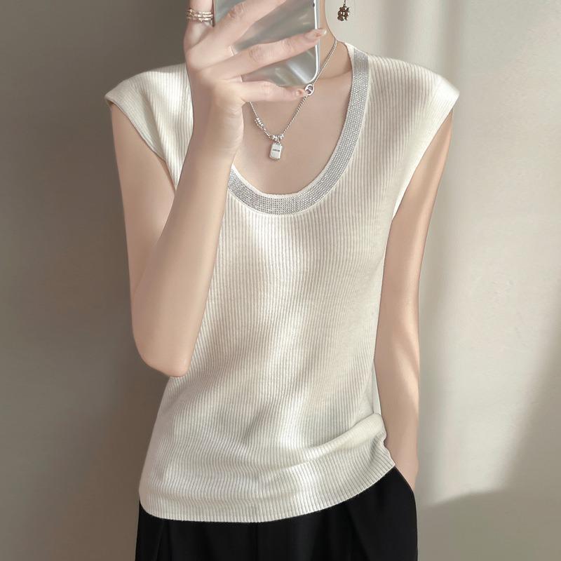 Damen Frühling Neu Kammwolle U-Ausschnitt Rautenstrickweste Locker Ärmellos Einfarbig Kleine Weste