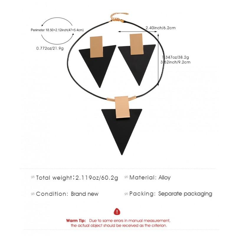Geometric Rectangle Triangle Pendant Necklace Set With Black Cord Chain Stud Earrings Women