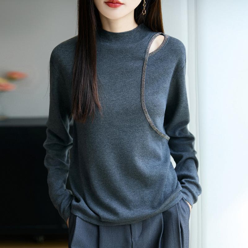 Early Autumn New Semi-high-neck Knitted Sweater, Long-sleeved Off-the-shoulder, Diamond-encrusted Design Base Layer Top