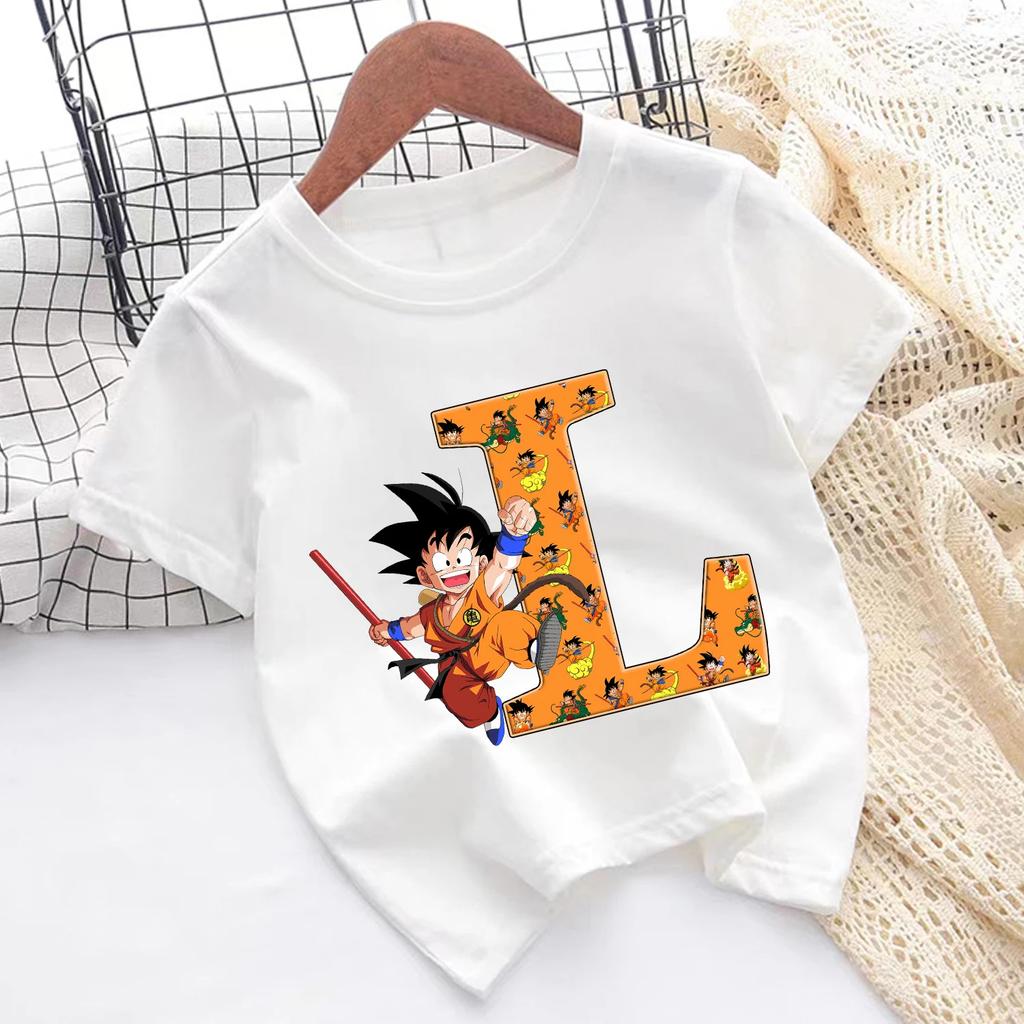 Dragon Ball Goku T-shirt Children A-Z Letter Tee Top Cartoon Summer Fashion White Short Sleeve Clothing Kids Casual Clothes Gift
