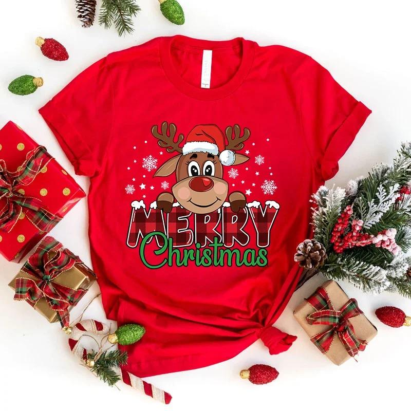 

Premium Tshirt Cute Merry Christmas Print TShirts for Women Summer Lovely Short Sleeve Casual Round Neck TShirts Ladies Tops S