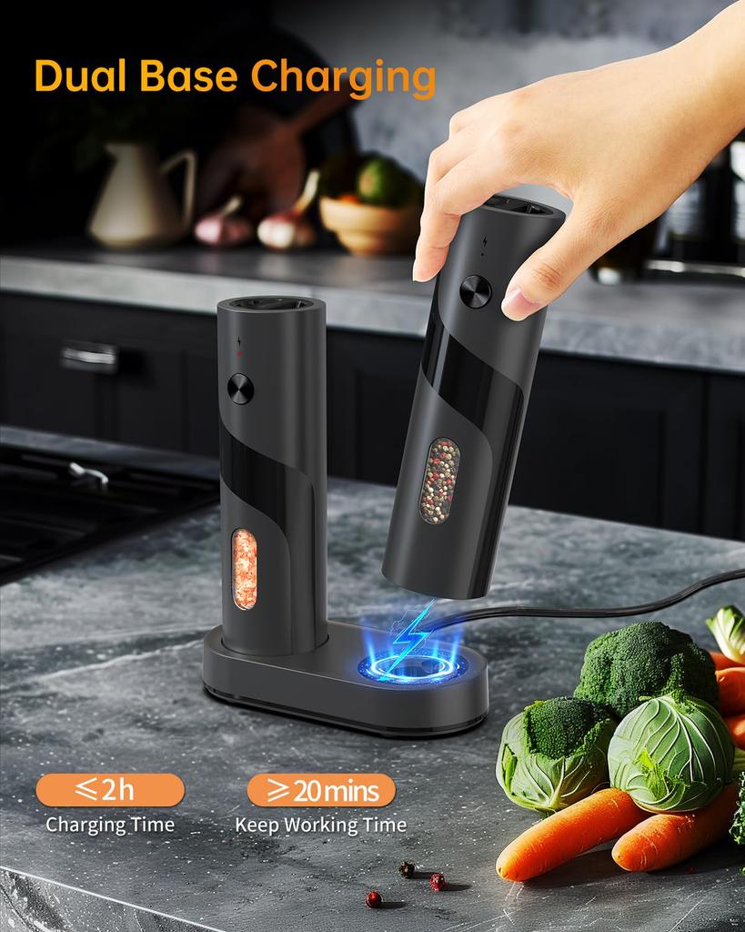 CIRCLE JOY Electric Pepper USB Salt and Pepper Adjustable 110ml Charging White LED Set of Black Mill, Rechargeable, Grinder, Coarseness, Container,