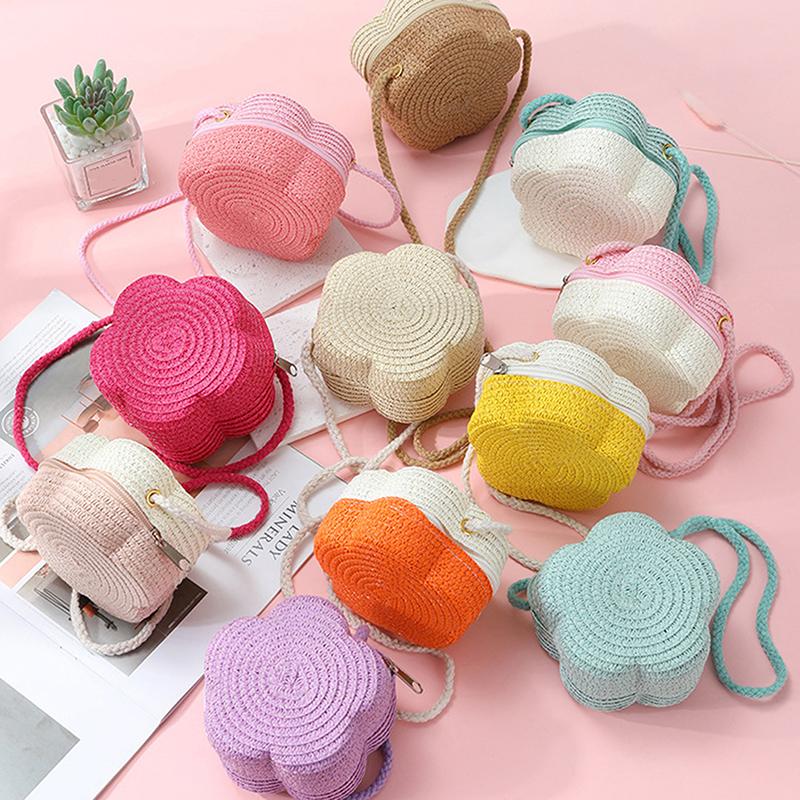 Handmade Kids Girls Shoulder Bag Flower Straw Baby Bags Messenger Bag Children Keys Coin Purse Cute Princess Mini Handbag