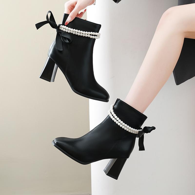 2025 Frühling und Herbst Einzelstiefel Neu Eckige Zehenpartie Seitlicher Reißverschluss Perlenbesetzte Schleife Hoher Absatz Damenschuhe