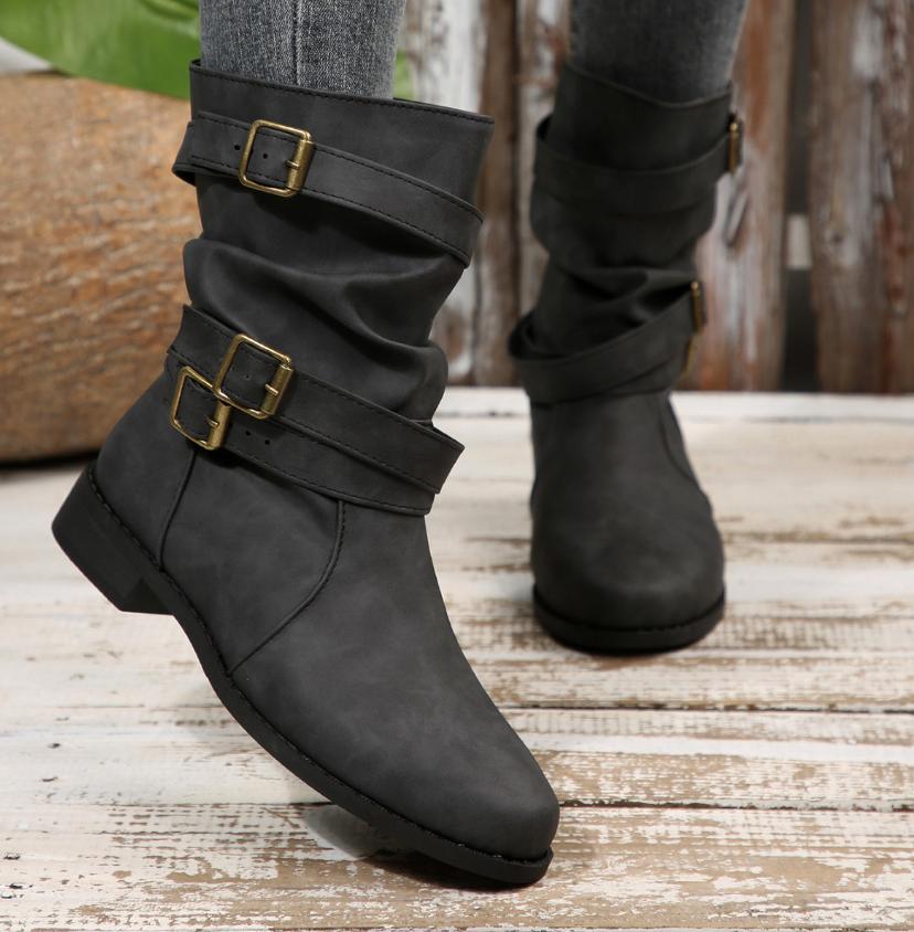 Autumn Winter Ladies Short Boots Belt Buckle Decorated Cowboy Boots Wedge Heel Thick Sole Non-Slip Outdoor Boots