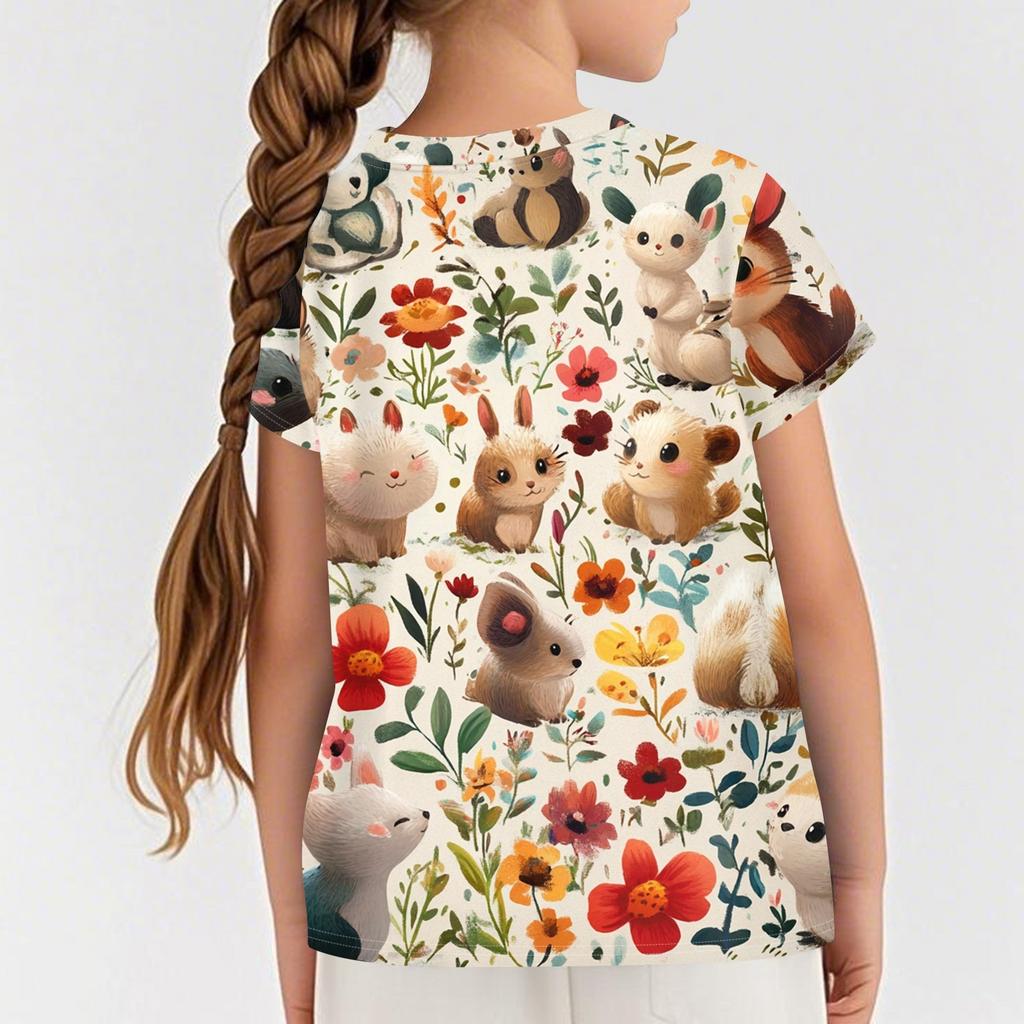 Children's Short Sleeve Pocket Tops Casual  Print T Shirt Round Neck Pullover Blouse