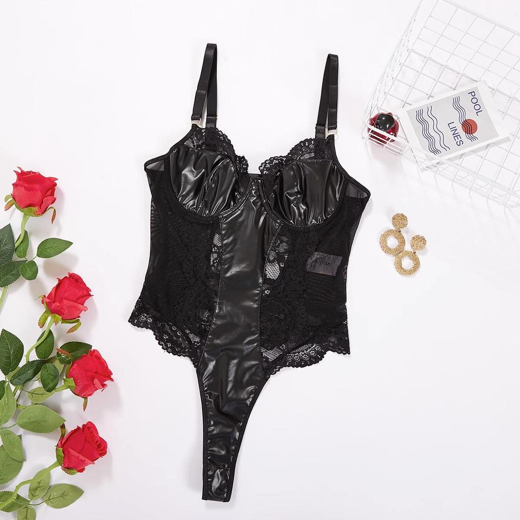 European & American Patent Leather Lace Bodysuit - Women's Sexy Lingerie Set