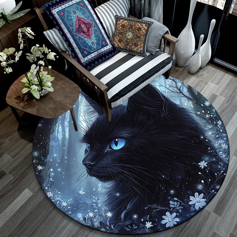 Magical Black Cat Round Area Rug,Carpet Rug for Living Room Bedroom Sofa Playroom Decor,Non-slip Floor Mat