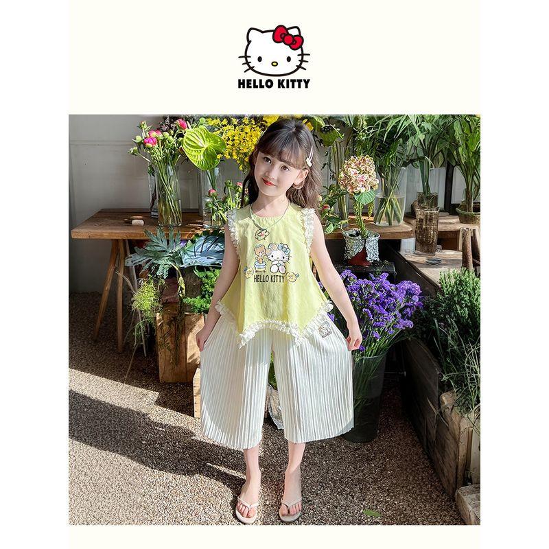 Hellokitty Girls Summer Suit 2025 New Lace-Edged Short-Sleeved Draped Pants Kidsren's Summer Two-Piece Set