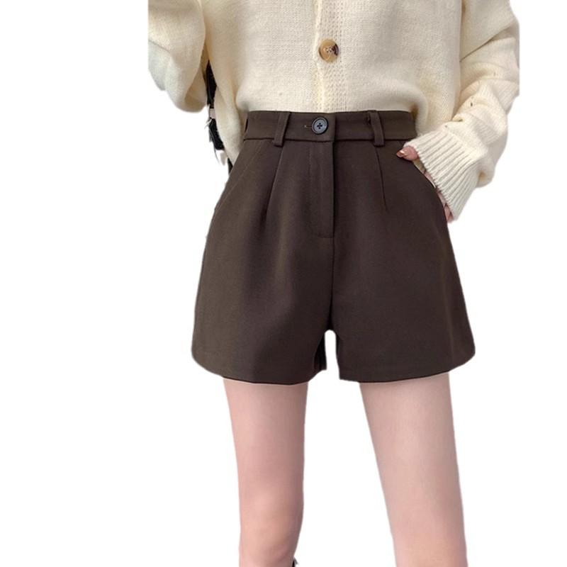 2024 Women's High-Waisted Woolen Shorts: A-Line, Slimming, Thickened, Black Casual Pants for Autumn & Winter Wear